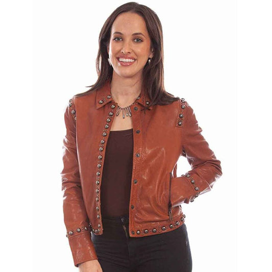 Ember Edge Women's Studded Leather Jacket in Dark Brown