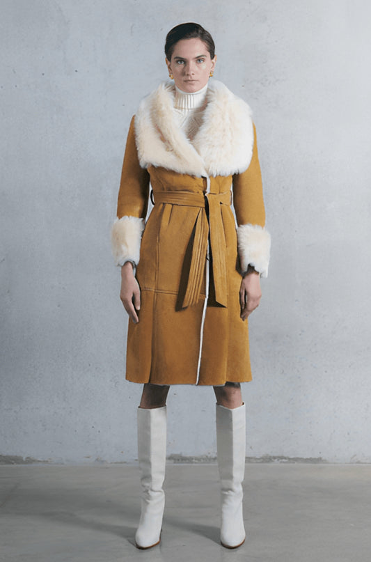 Women's Tan Brown Suede Shearling Leather Coat – Cozy & Stylish