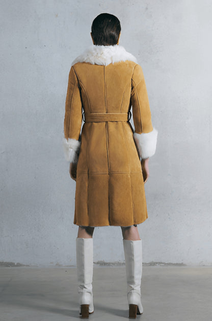 Women's Tan Brown Suede Shearling Leather Coat – Cozy & Stylish