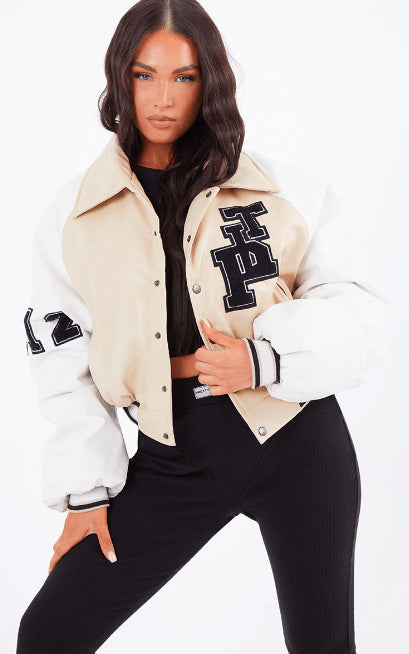 Women's Beige & White Varsity Leather Bomber Jacket