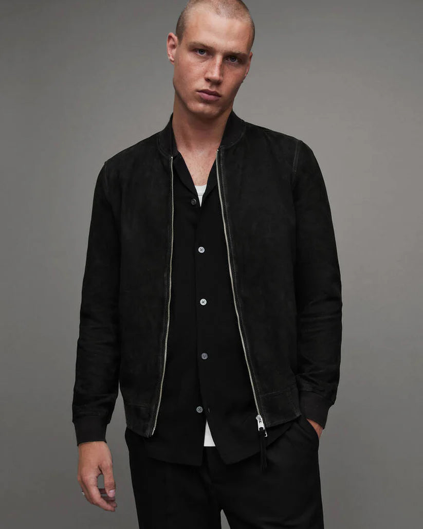 Premium Men's Bomber Suede Leather Jacket in Black